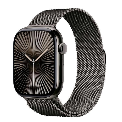 Apple Watch Series 10 (GPS + Cellular) - 46 mm - slate titanium - smartwatch con bracciale milanese - cinturino a rete in acciaio inossidabile - ardesia - dimensione della fascia: S/M - 64 GB - LTE, Wi-Fi 4, UWB, Bluetooth - 4G - 41.7 g
